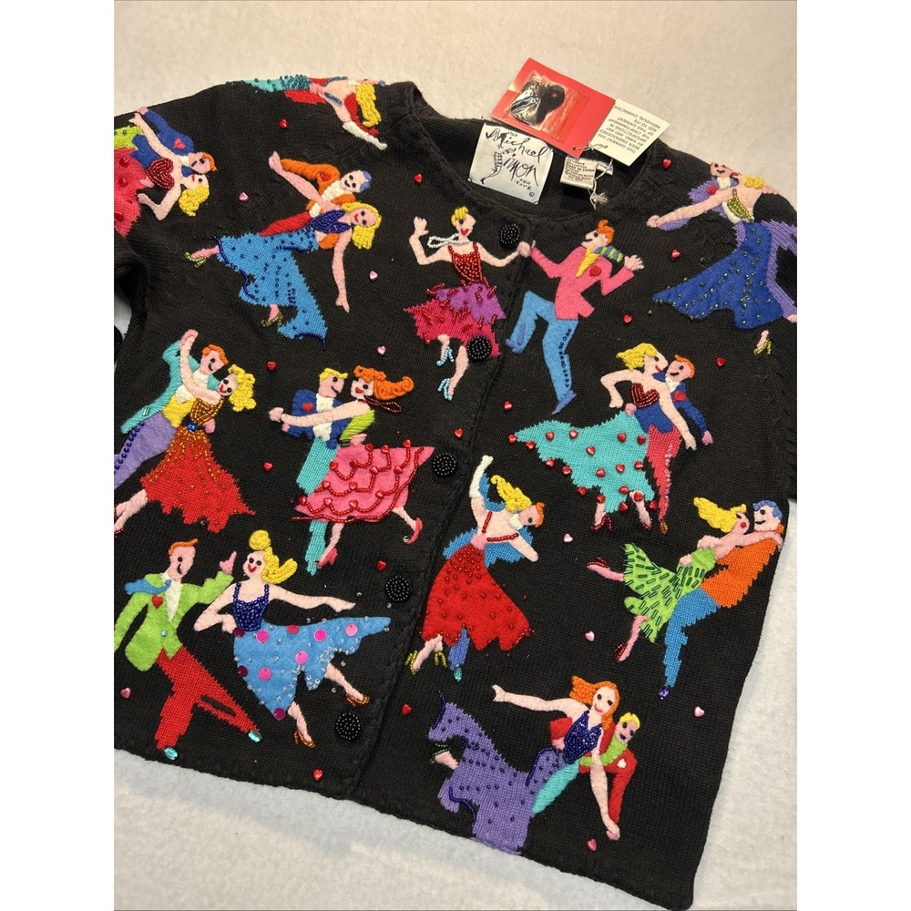 Rare VTG Michael Simon cardigan sweater colorful embroidered dancing figures S
